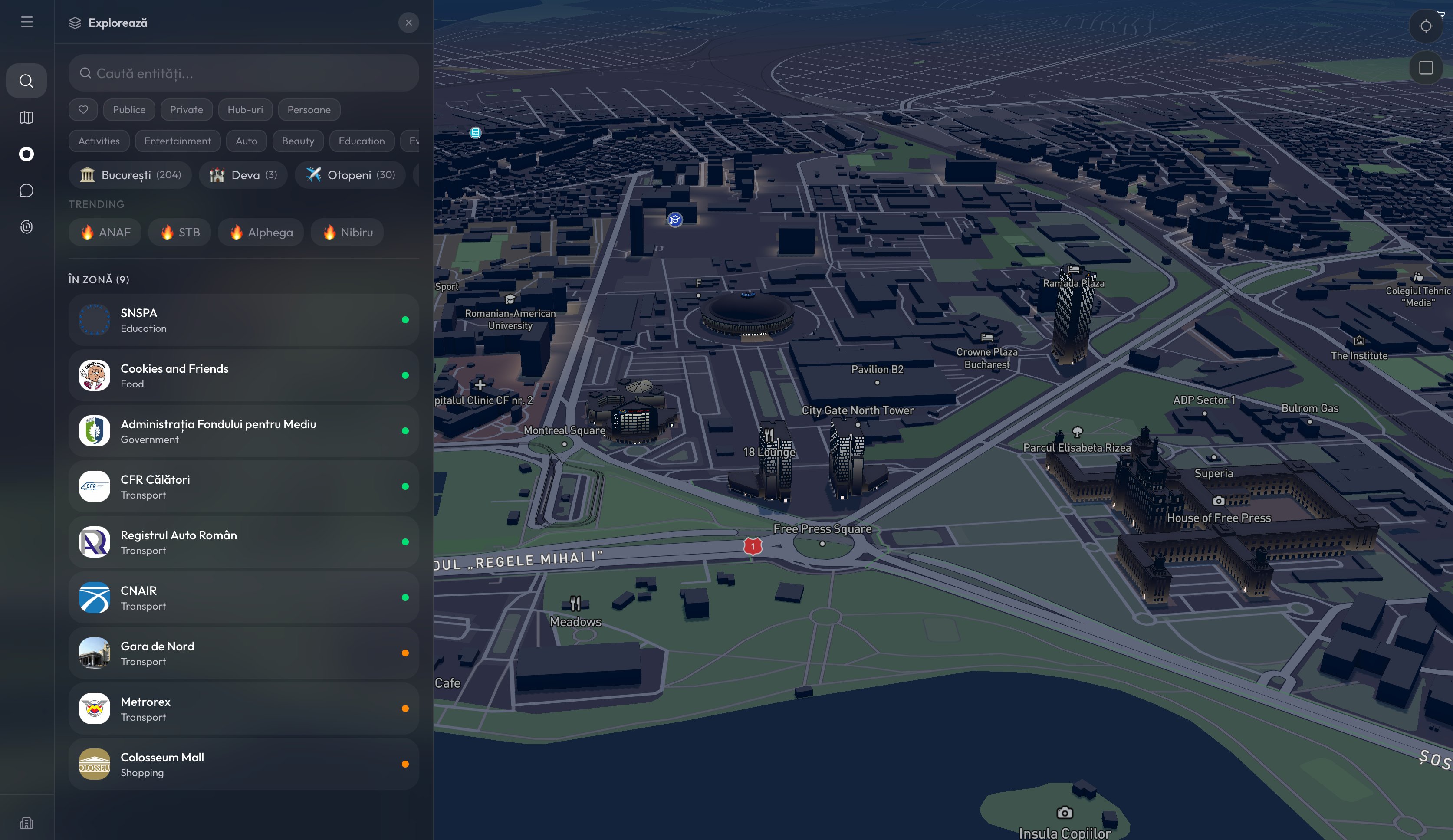 MyOmni.ai — Dark Mode — Harta 3D cu entități din București