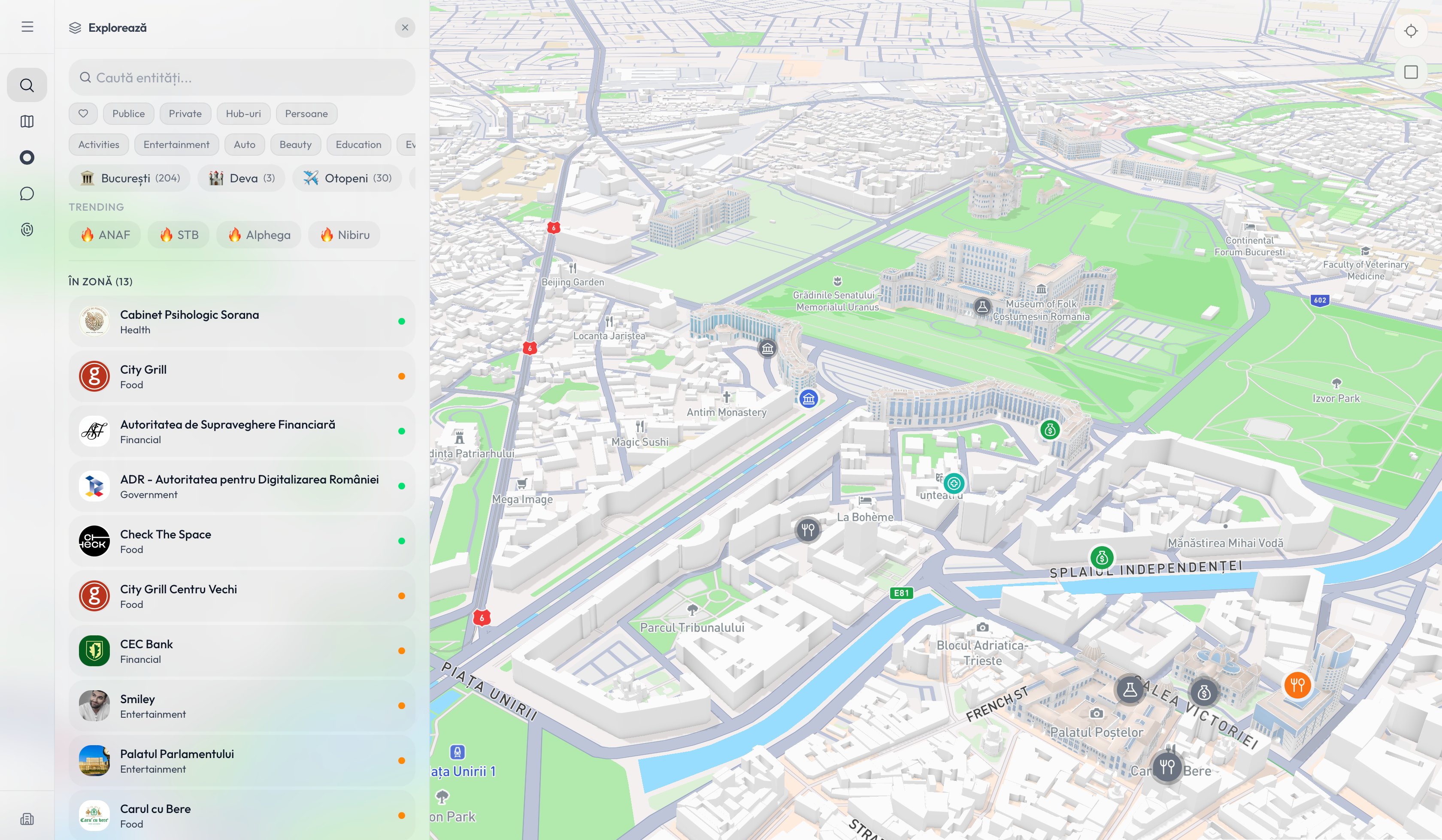 MyOmni.ai — Light Mode — Harta cu entități din București